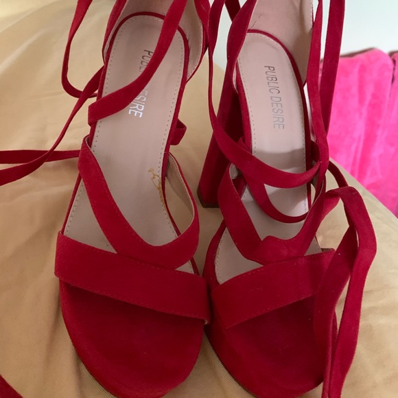 Public Desire Shoes - Red Strap up Chunky Heels